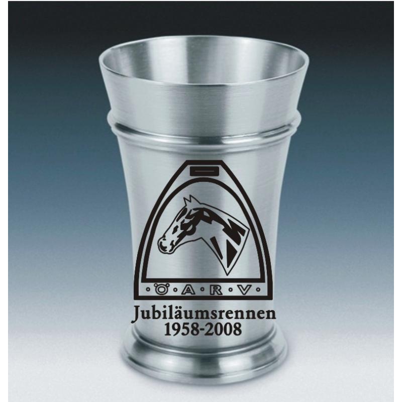 Zinn Becher mit Gravur Motiv Reiten 13,5cm Jubiläumsrennen ÖARV