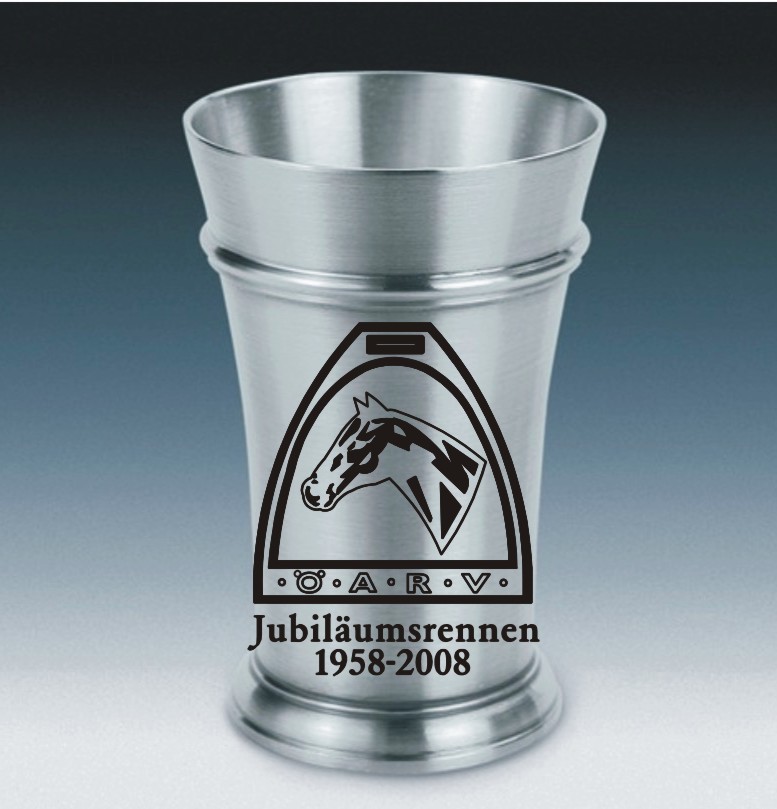 Zinn Becher mit Gravur Motiv Reiten 13,5cm Jubiläumsrennen ÖARV