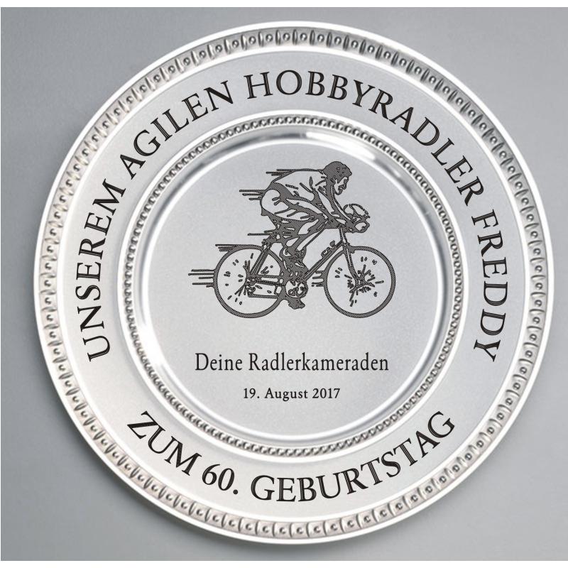 Zinnteller mit Gravur Motiv Radfahren