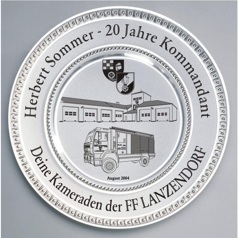 Zinn Teller mit Gravur 20 Jahre Feuerwehrkommandant