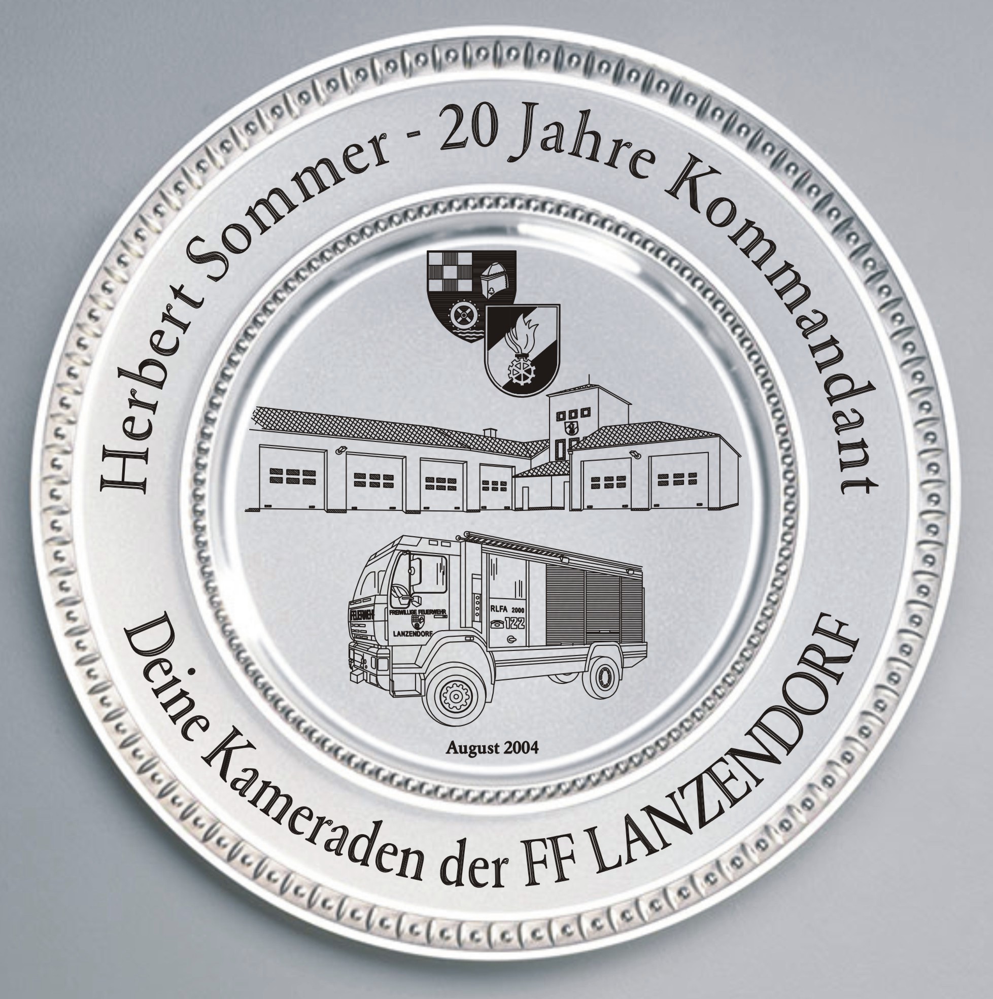 Zinn Teller mit Gravur 20 Jahre Feuerwehrkommandant