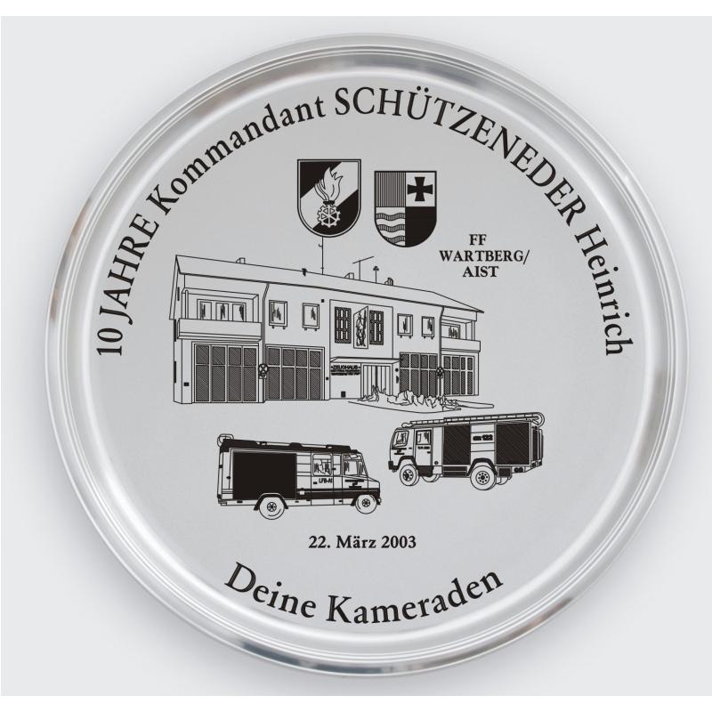 Zinn Tablett mit Gravur 10 Jahre Feuerwehr Kommandant