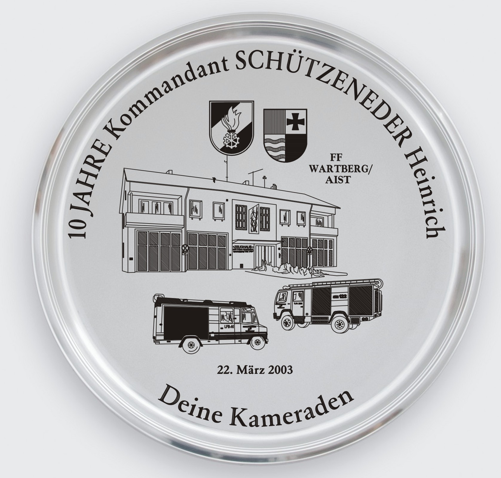 Zinn Tablett mit Gravur 10 Jahre Feuerwehr Kommandant