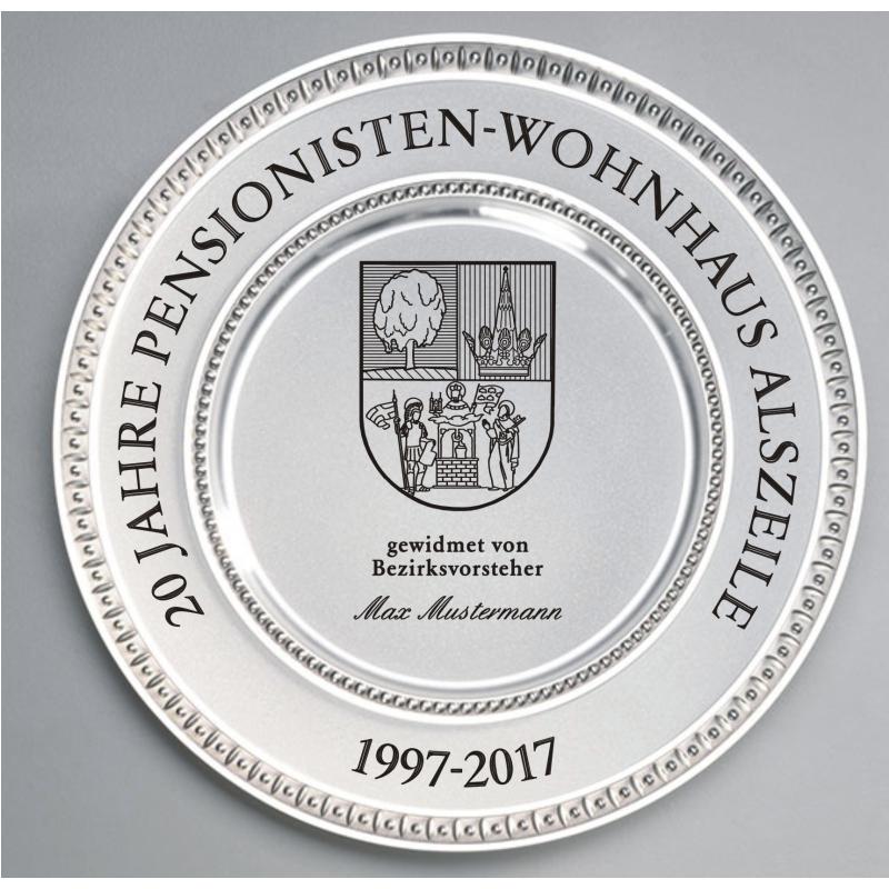 Zinn Teller mit Gravur Bezirksvorsteher 20 Jahre Wohnhaus