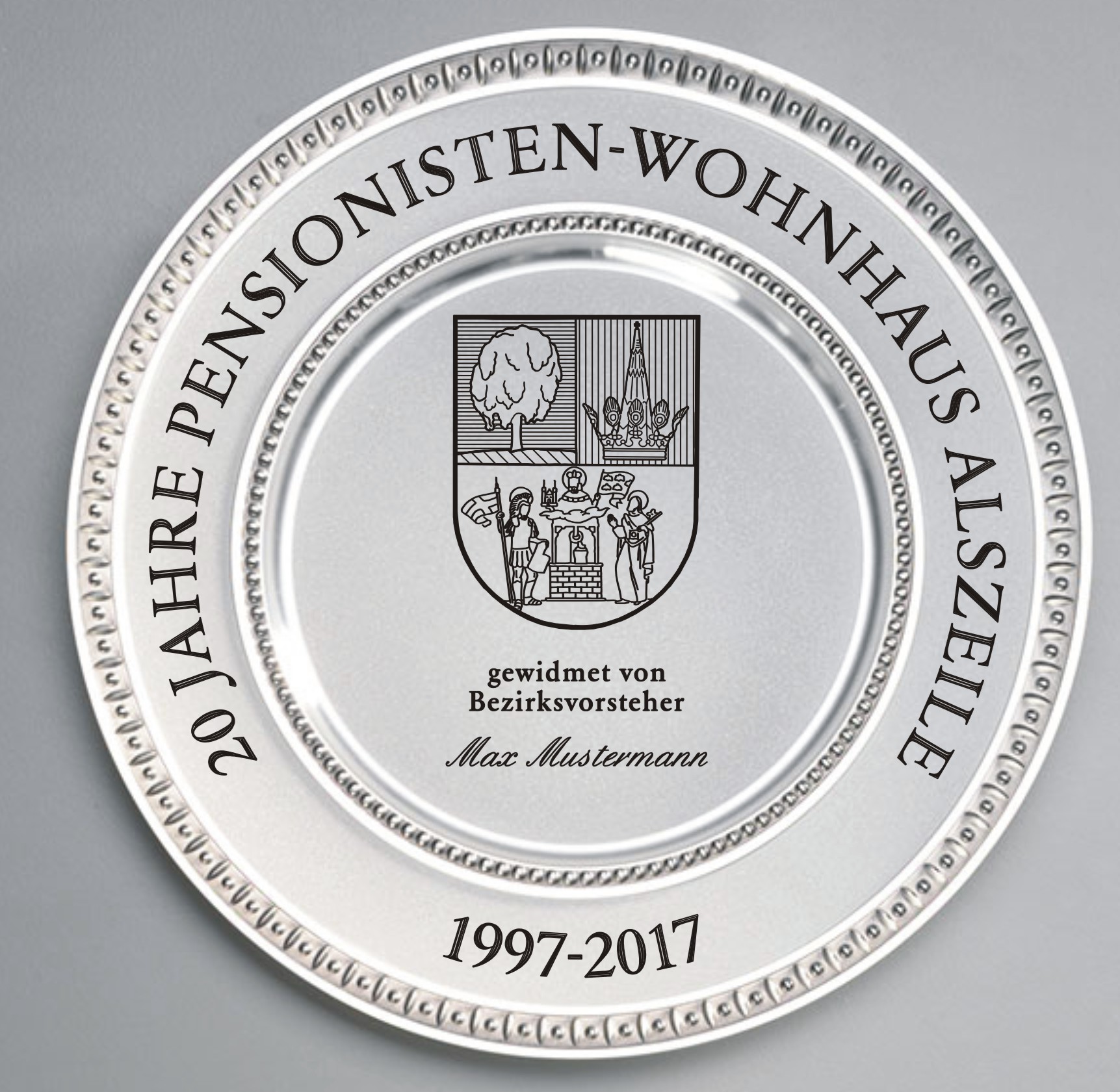 Zinn Teller mit Gravur Bezirksvorsteher 20 Jahre Wohnhaus