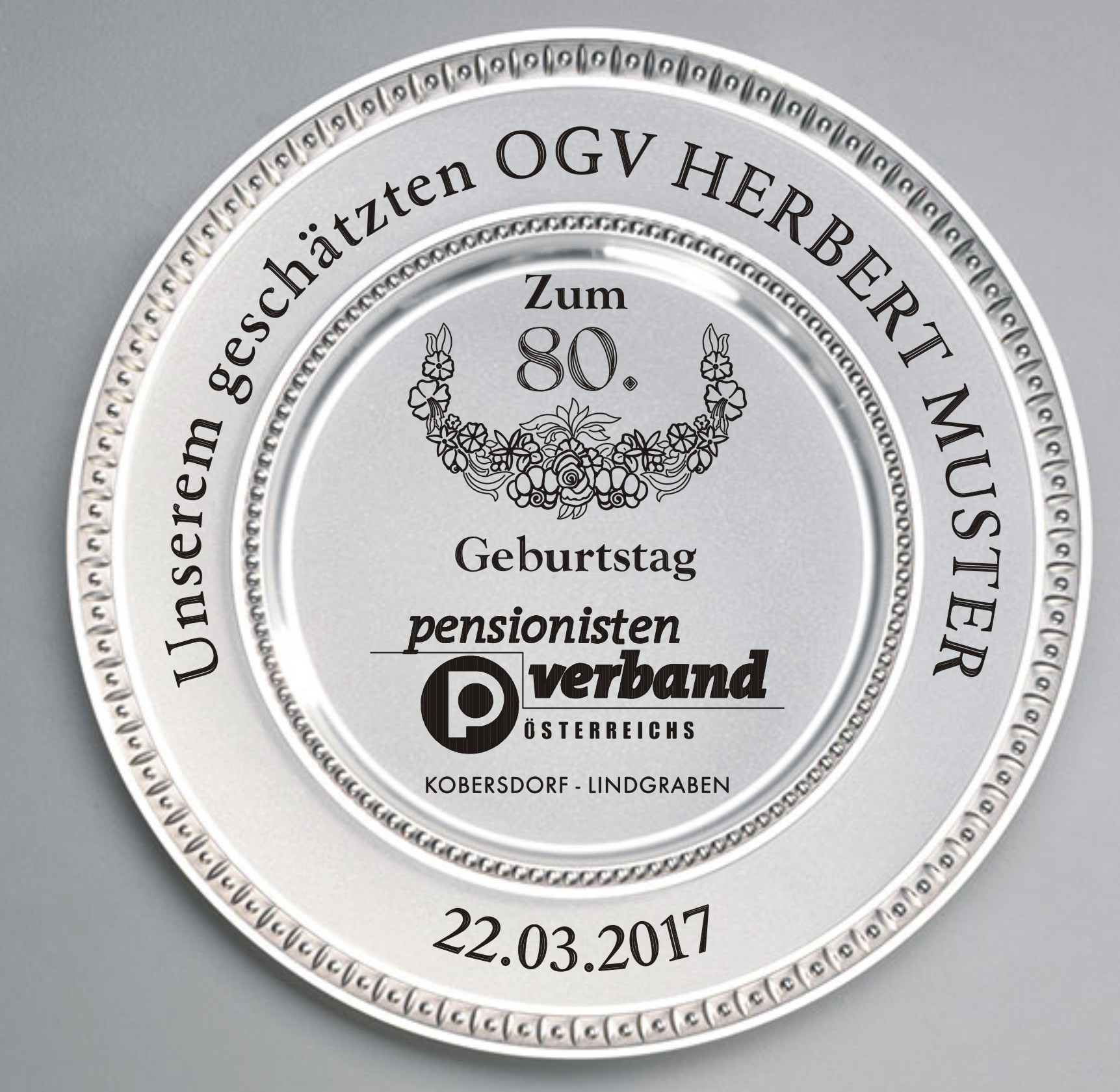 Zinnteller mit Gravur Pensionistenverband Runder Geburtstag