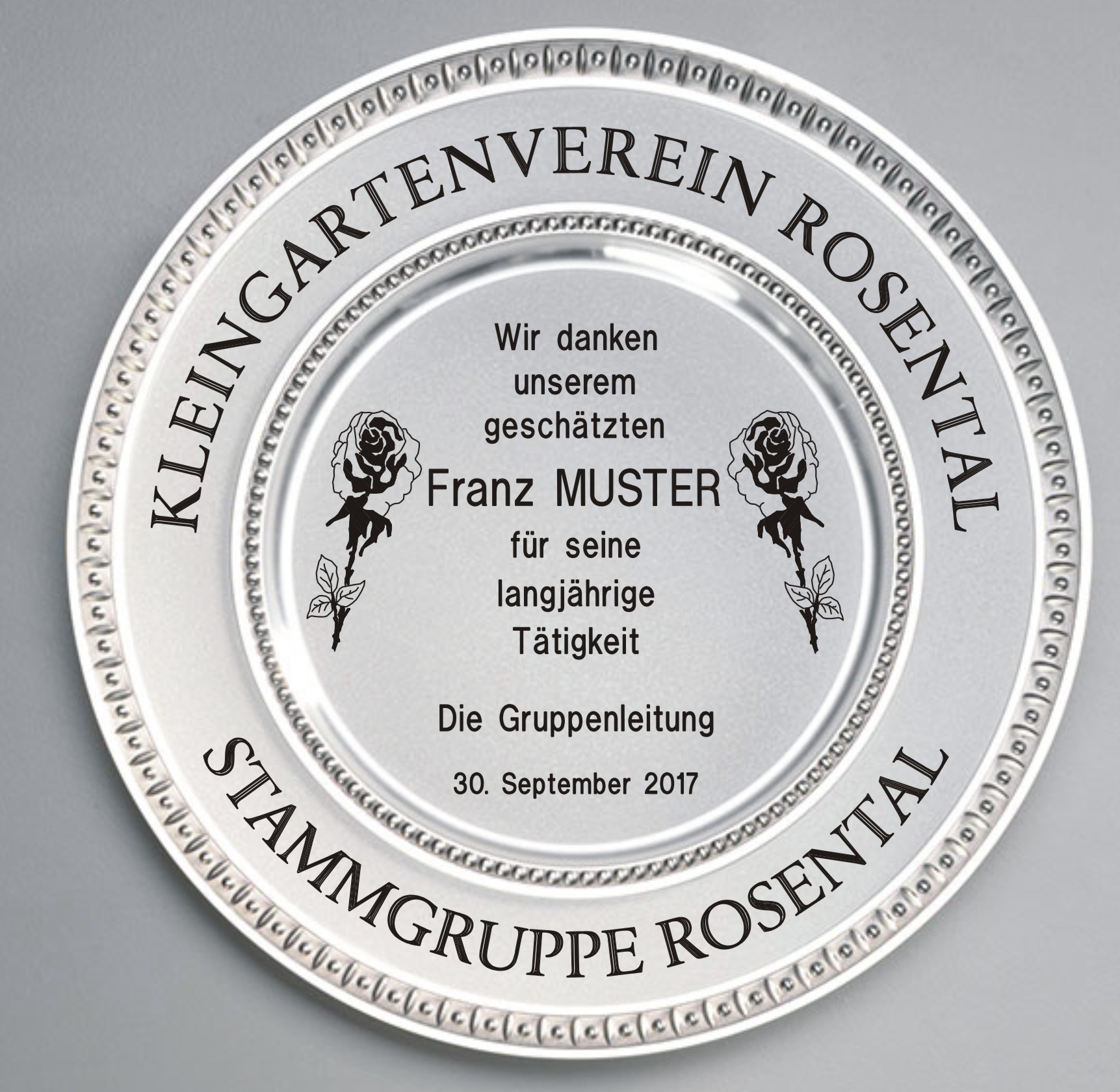 Zinnteller mit Gravur Kleingartenverein Rosental