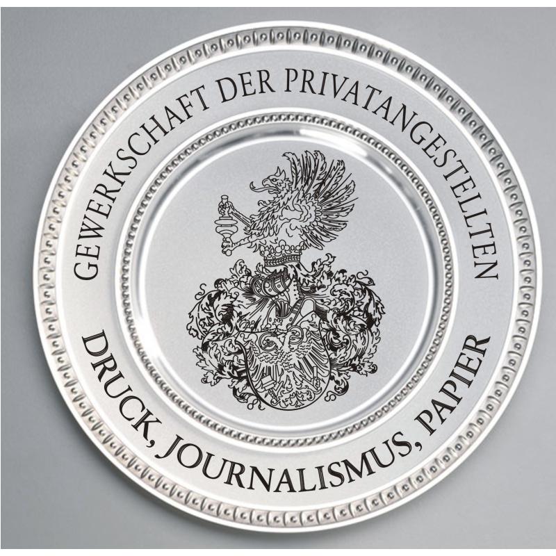 Zinnteller mit Gravur Gewerkschaft Druck Logo