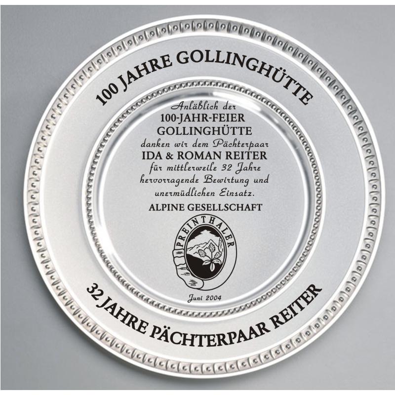 Zinnteller mit Gravur Naturverein Gollinghütte Preinthaler