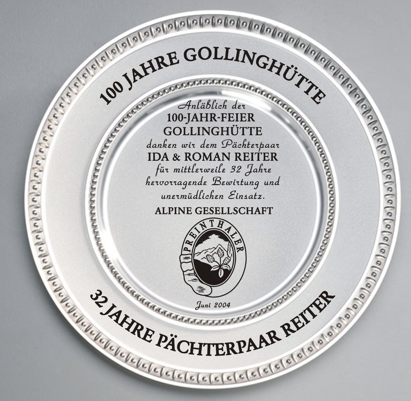 Zinnteller mit Gravur Naturverein Gollinghütte Preinthaler