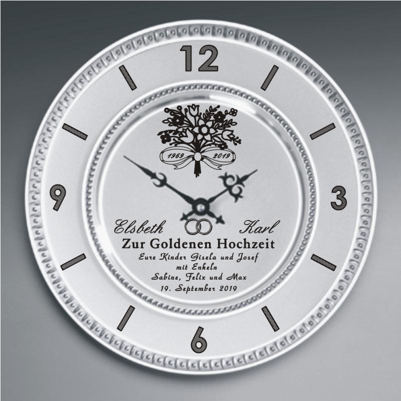Zinn Uhr mit Gravur Blumenstrauss