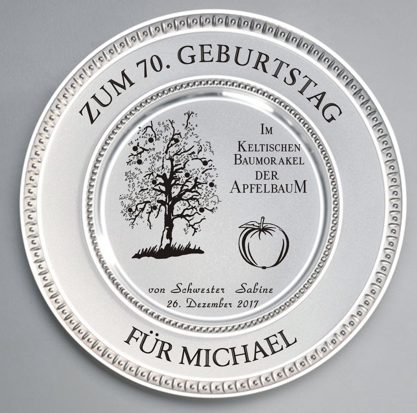 Zinn Teller mit Gravur Keltischer Baumkreis APFELBAUM