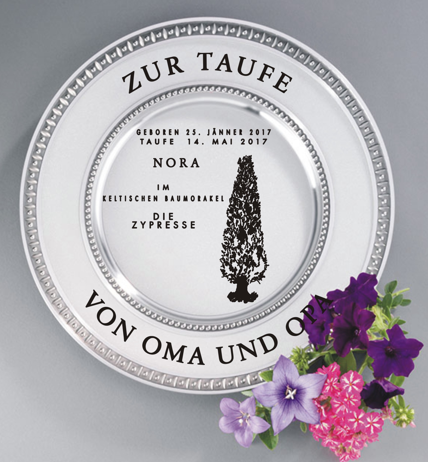 Zinn Teller mit Gravur Keltischer Baumkreis ZYPRESSE