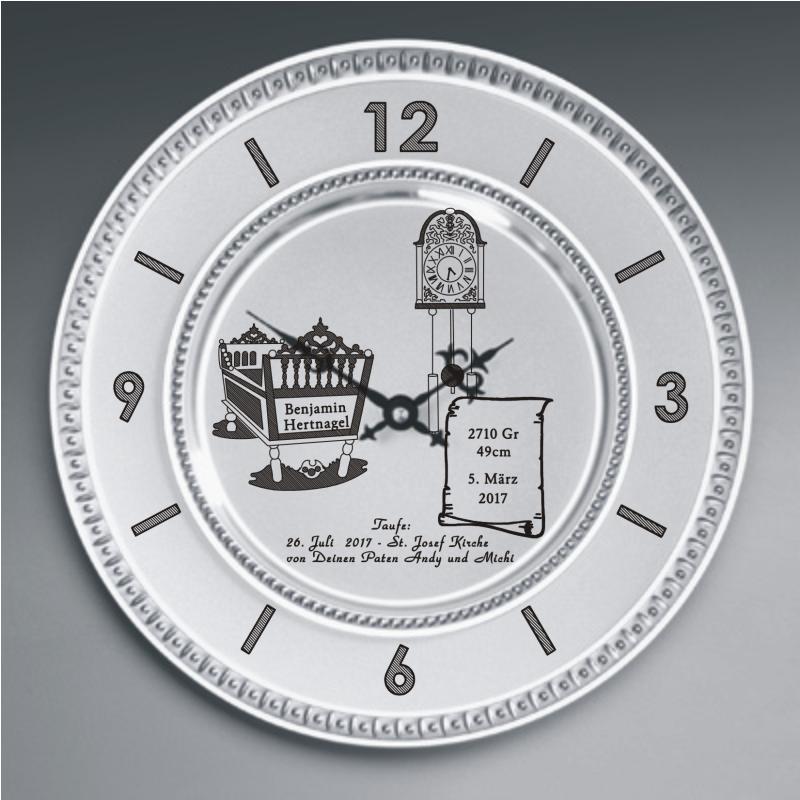 Zinn Uhr mit Gravur Wiege, Uhr