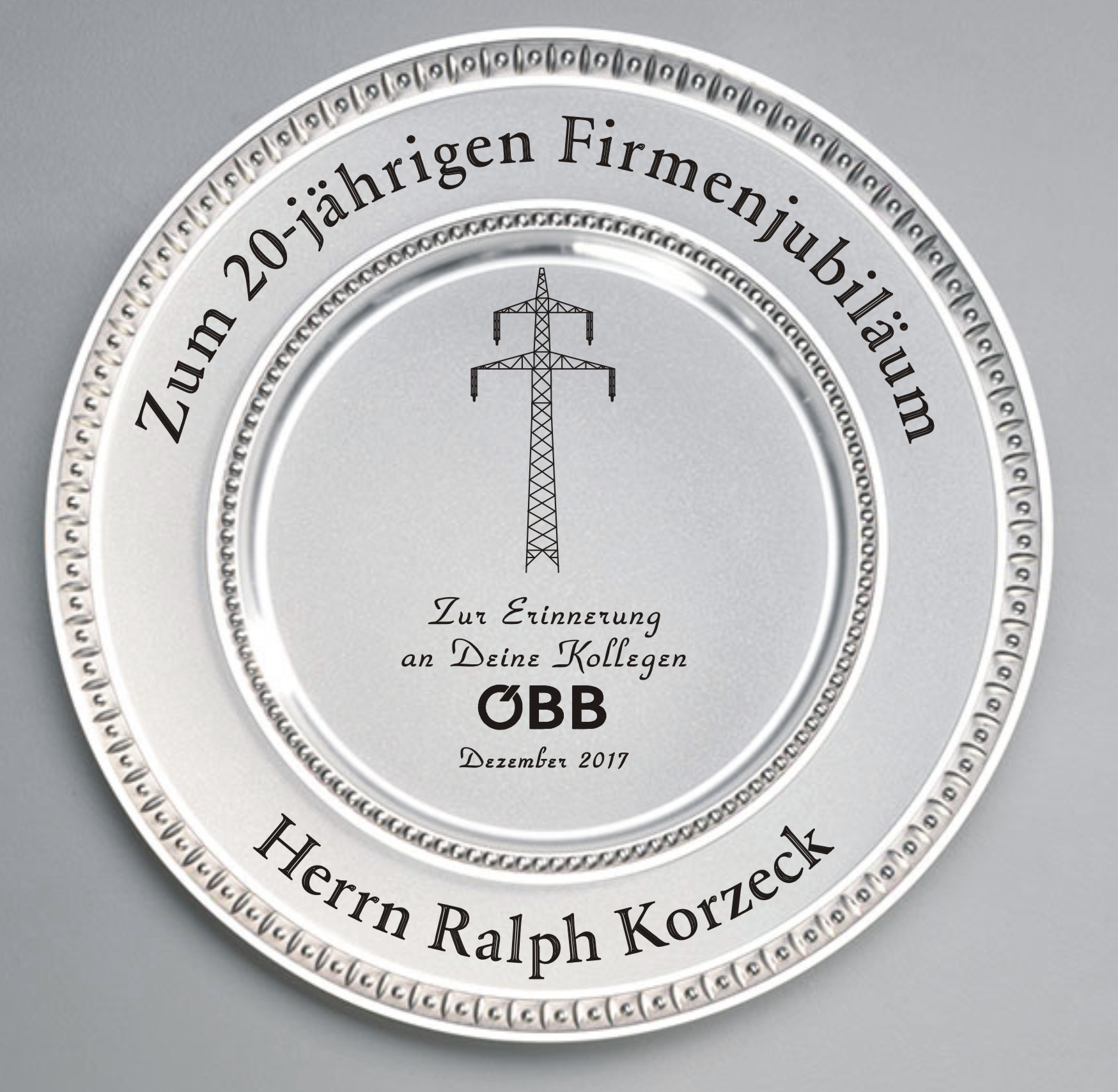 Zinn Teller mit Gravur Strommast