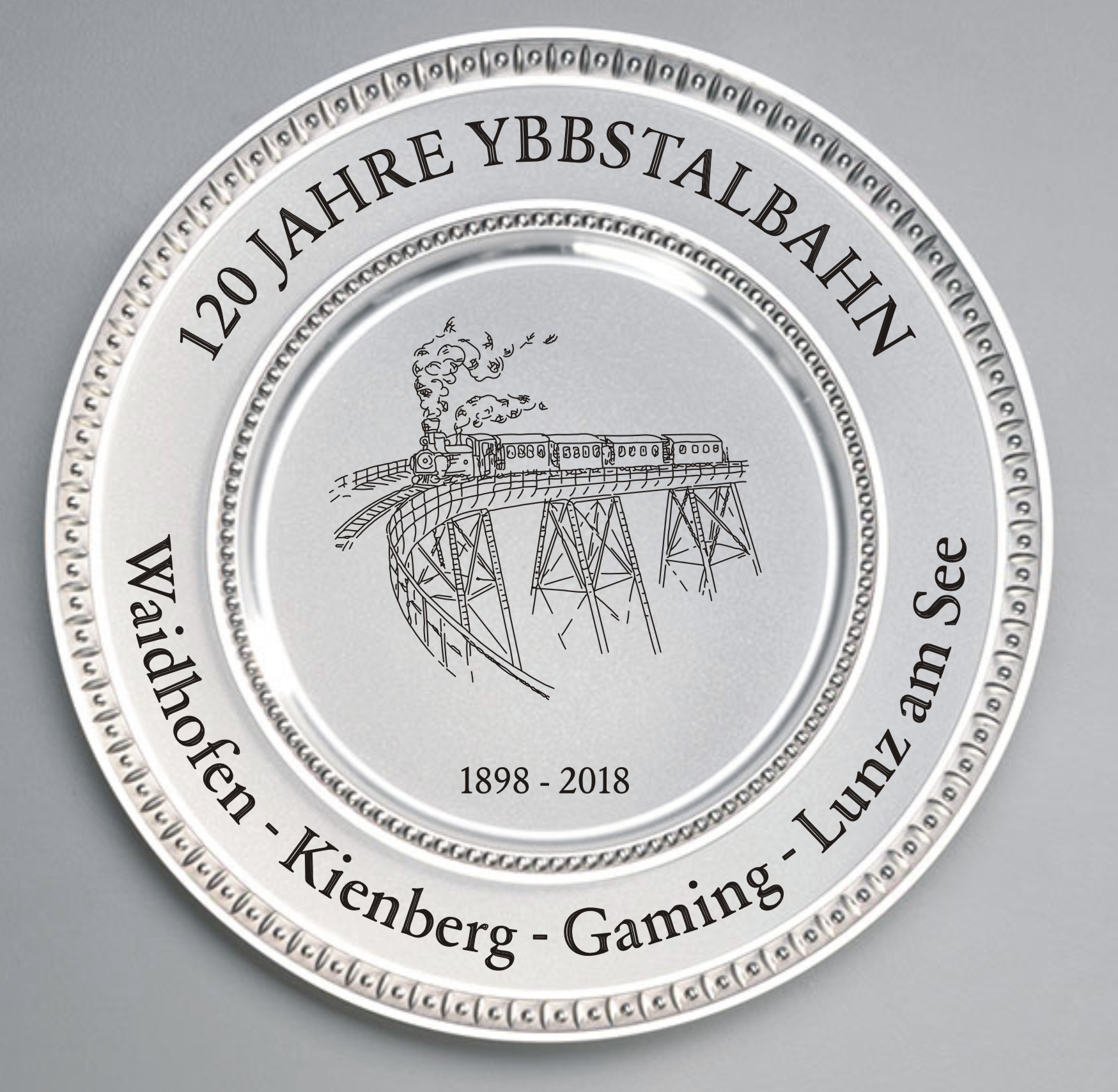 Zinn Teller mit Gravur Ybbstalbahn