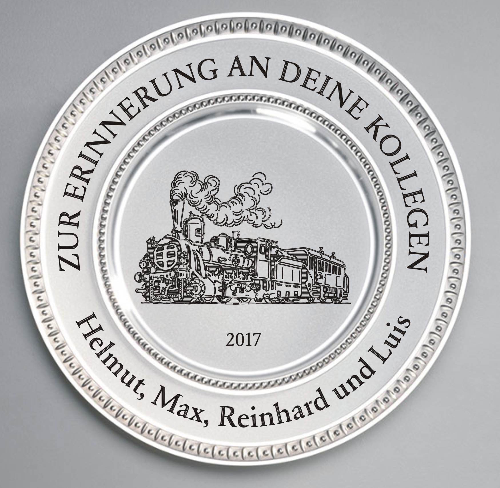 Zinn Teller mit Gravur Dampflok