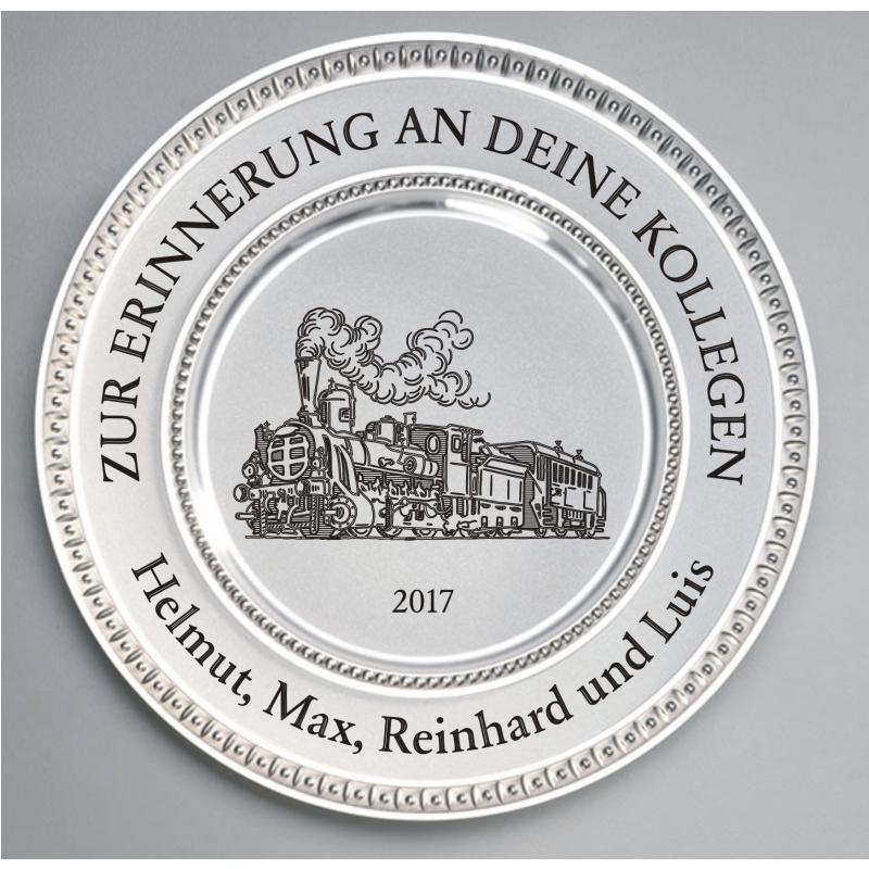 Zinn Teller mit Gravur Dampflok
