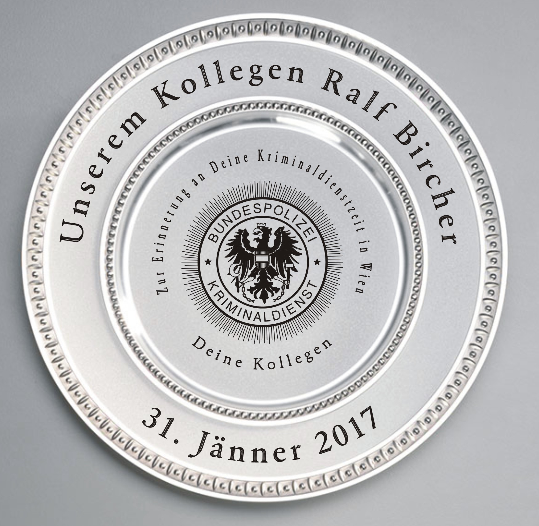 Zinn Teller mit Gravur Kriminaldienst Bundespolizei
