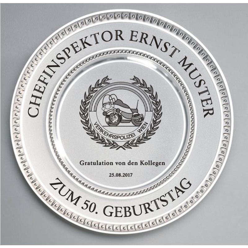 Zinn Teller mit Gravur Verkehrspolizei