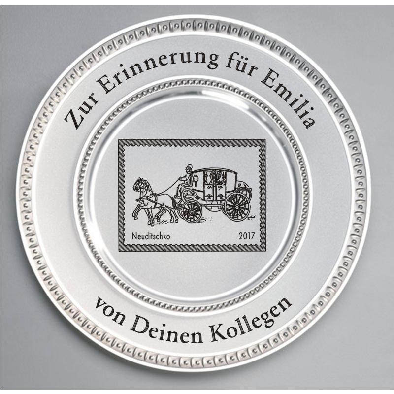 Zinn Teller mit Gravur Briefmarke Kutsche