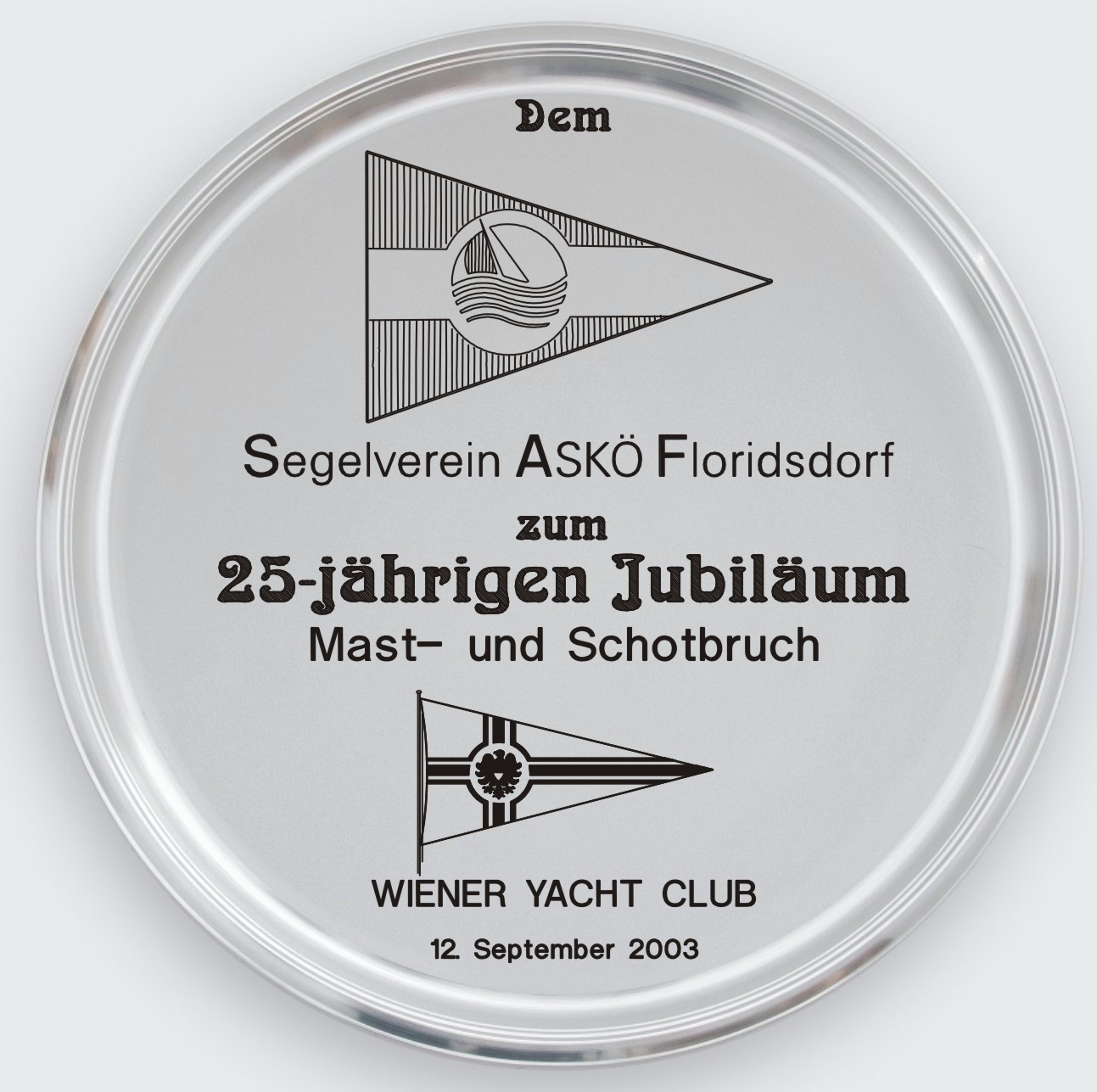 Zinn Tablett mit Gravur Segeln 25 Jahrjubiläum