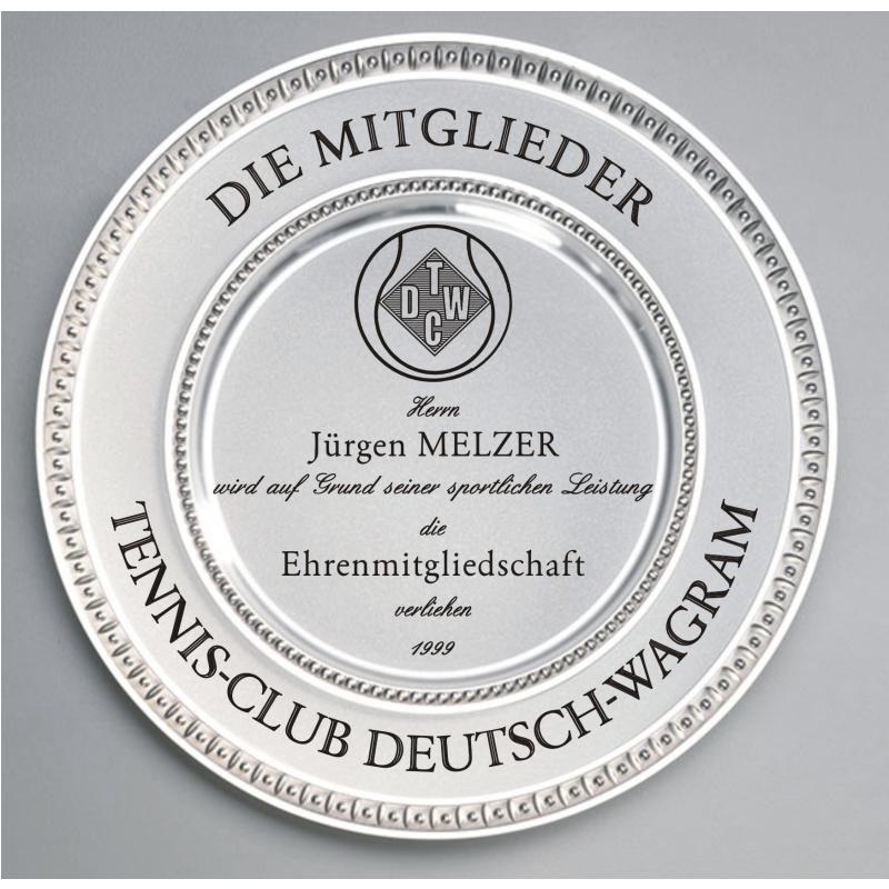 Zinn Teller mit Gravur Tennis Ehrenmitglied