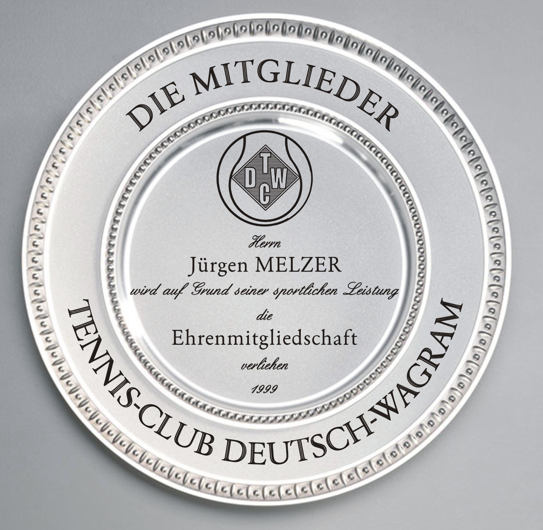 Zinn Teller mit Gravur Tennis Ehrenmitglied