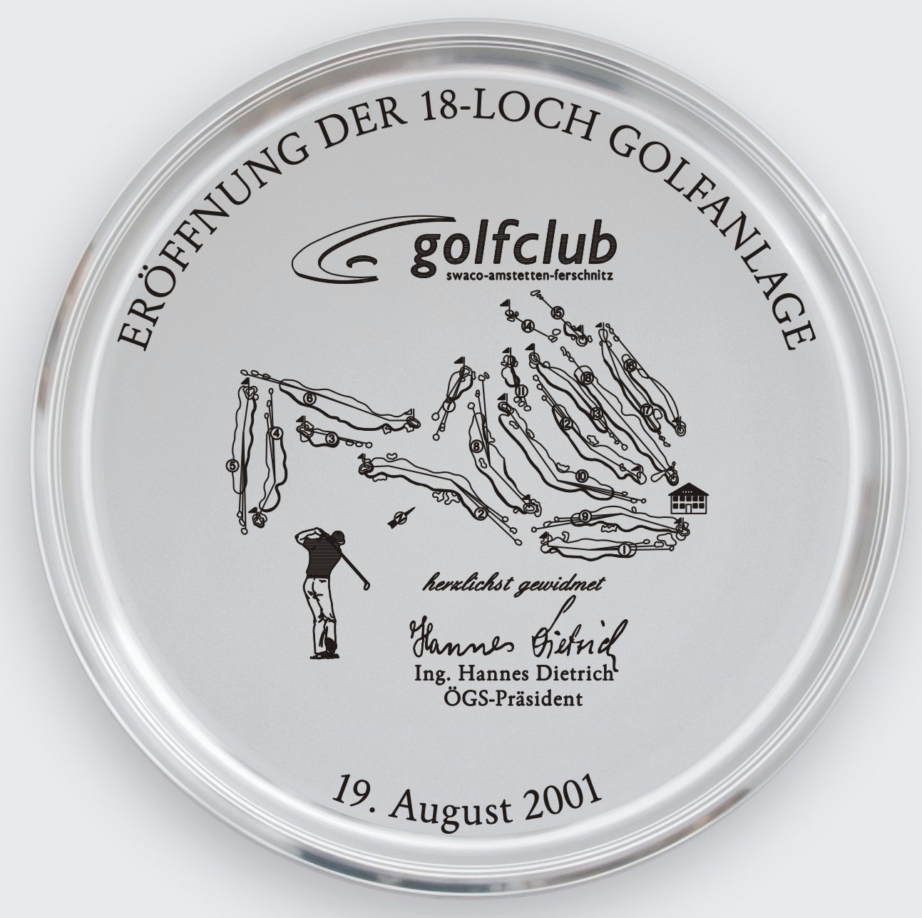 Zinn Tablett mit Gravur Golf Eröffnung Golfanlage