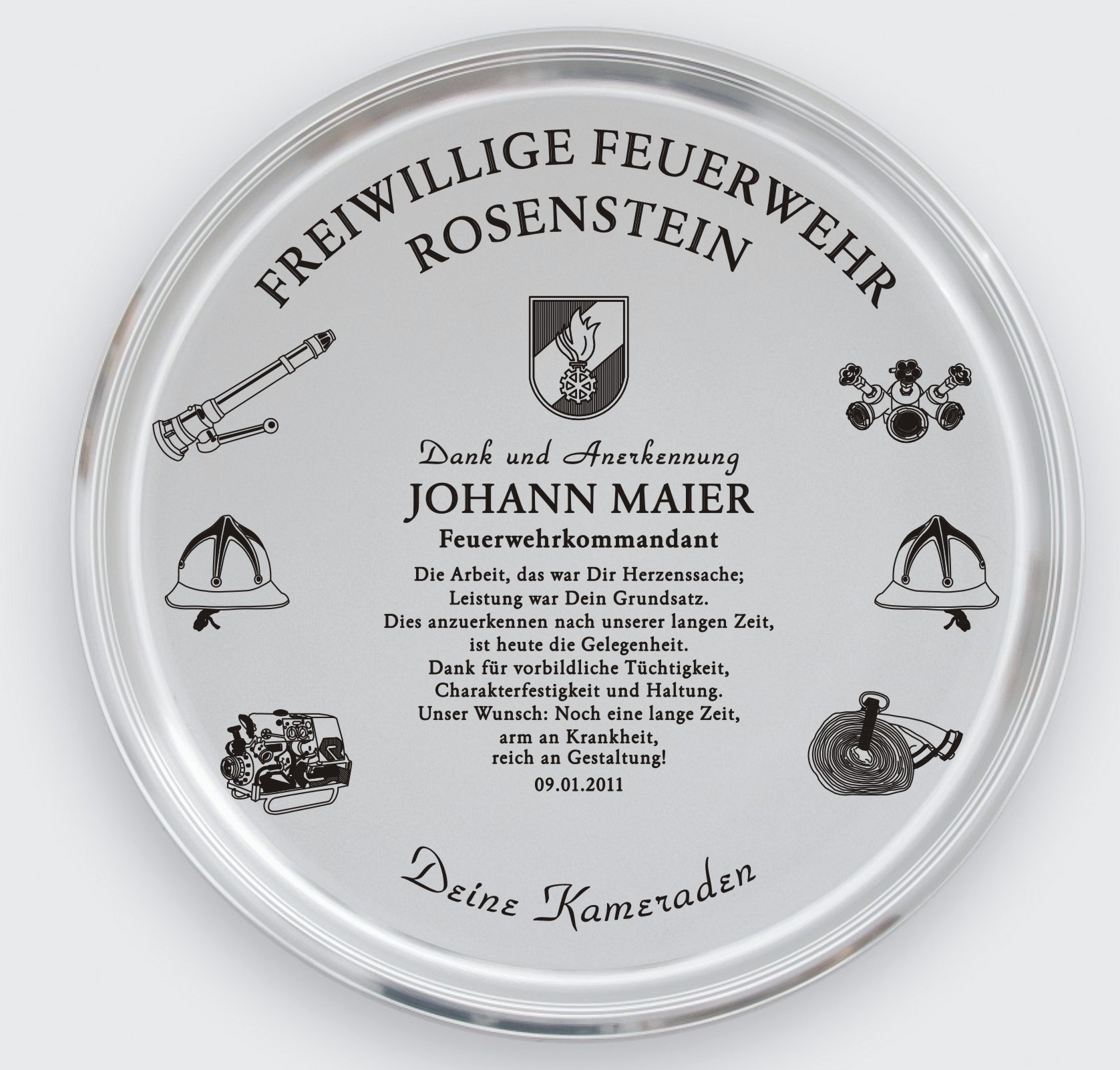 Zinn Tablett mit Gravur Dank und Anerkennung