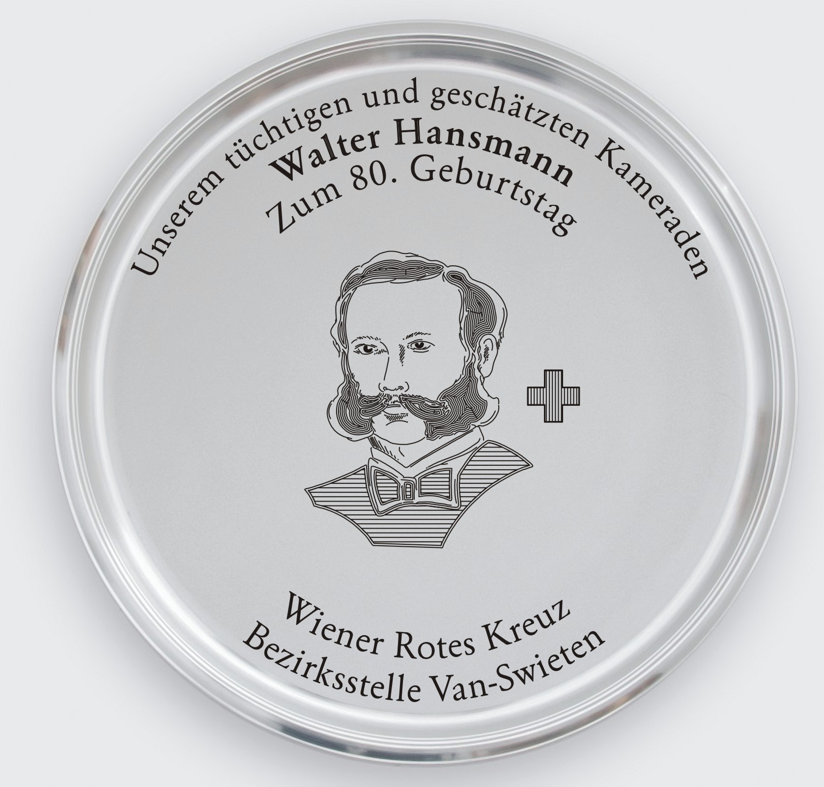 Zinntablett mit Gravur Rotes Kreuz Wien Van Swieten