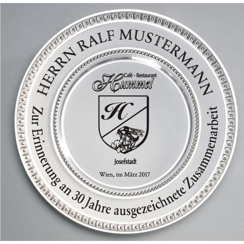 Zinn Teller mit Gravur Cafe Hummel 30 Jahre Zusammenarbeit