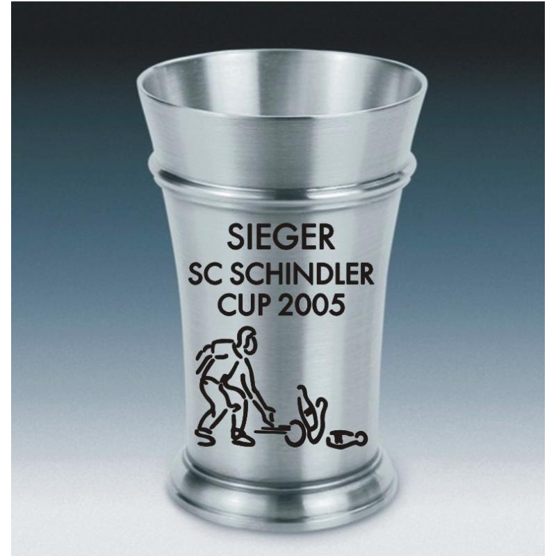 Zinnbecher mit Gravur Motiv Kegeln 13,5cm Vereinslogo