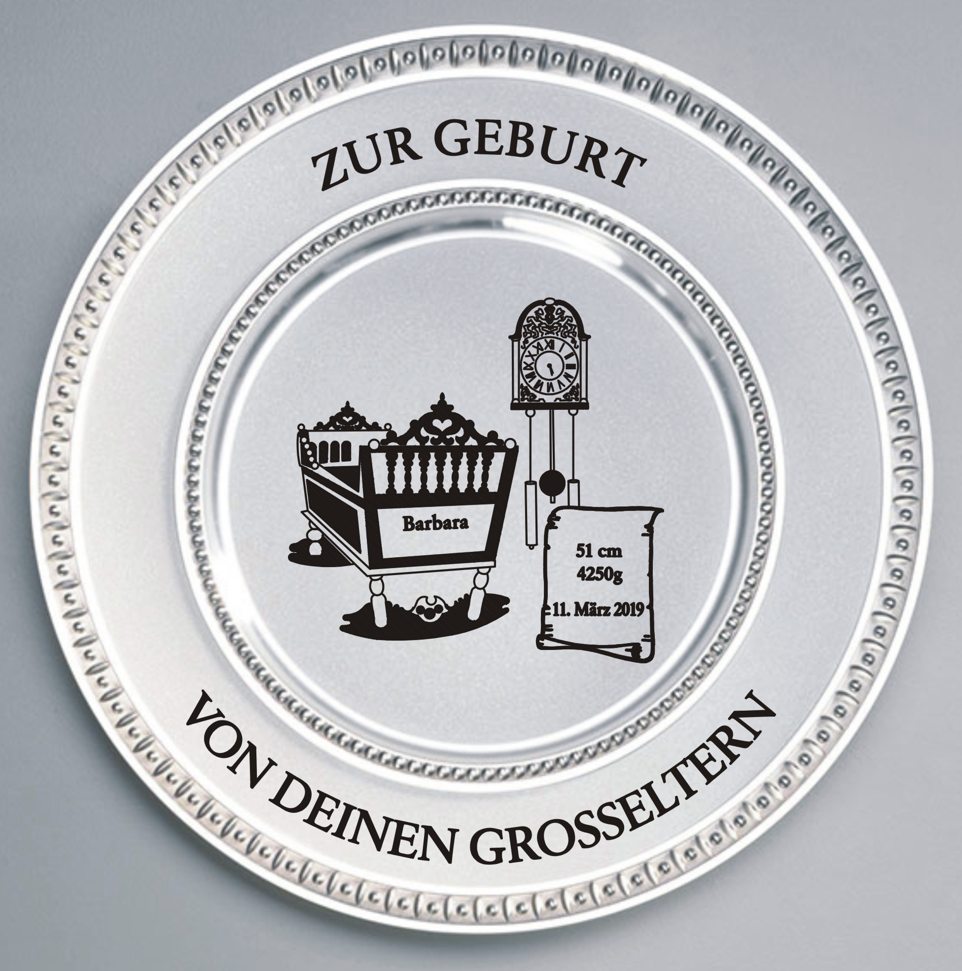Zinn Teller mit Gravur Geburt