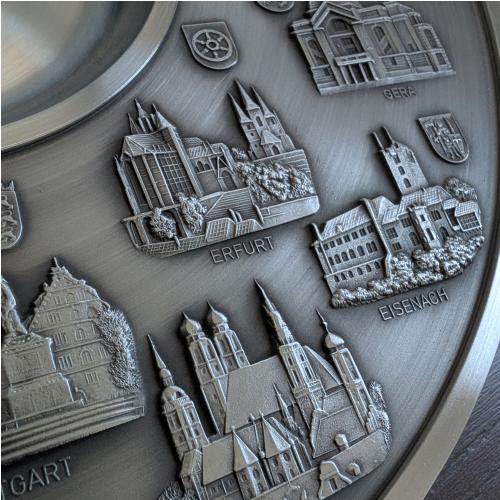 Zinnteller Deutschland Detailansicht Süd (Erfurt, Eisenach, München, Stuttgart)