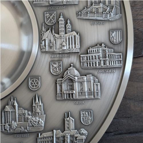 Zinnteller Deutschland Detailansicht Ost (Dresden Semperoper, Leipzig Altes Rathaus, Naumburg)